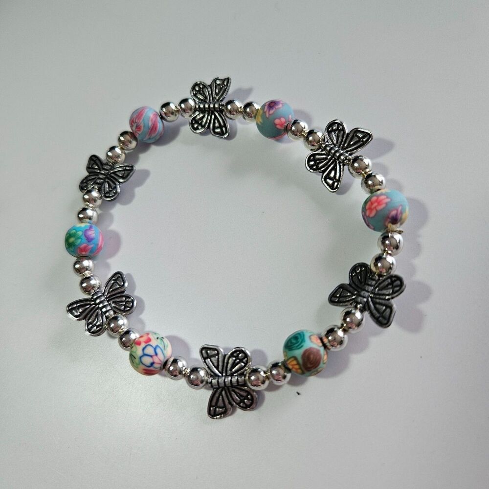 Silver Tone Butterfly And Flower Beaded Bracelet 7.5"